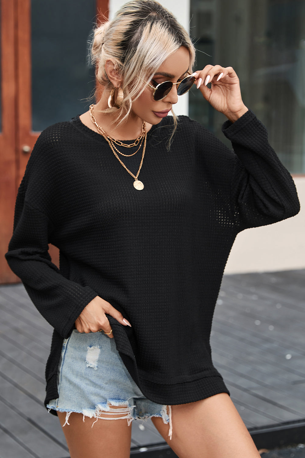Gray Waffle Knit High Slits Oversized Top