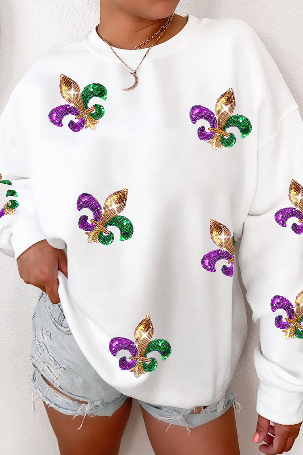 Black Sequin Mardi Gras Graphic Pullover Sweatshirt