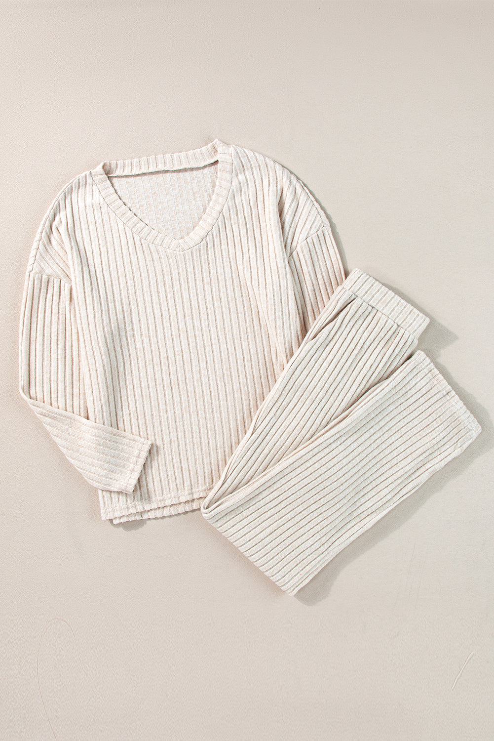 Light Grey Ribbed Knit V Neck Slouchy Two-piece Outfit