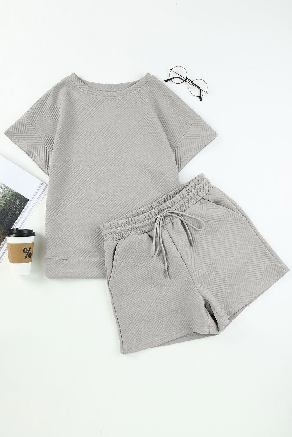 Black 2pcs Solid Textured Drawstring Shorts Set