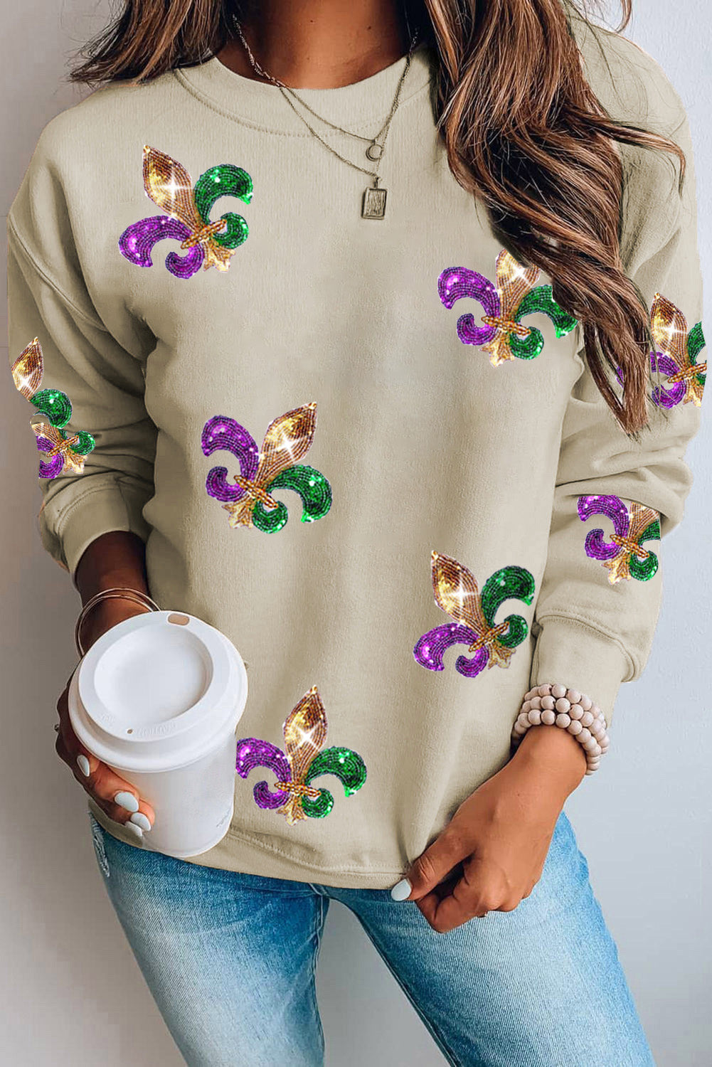 Black Sequin Mardi Gras Graphic Pullover Sweatshirt