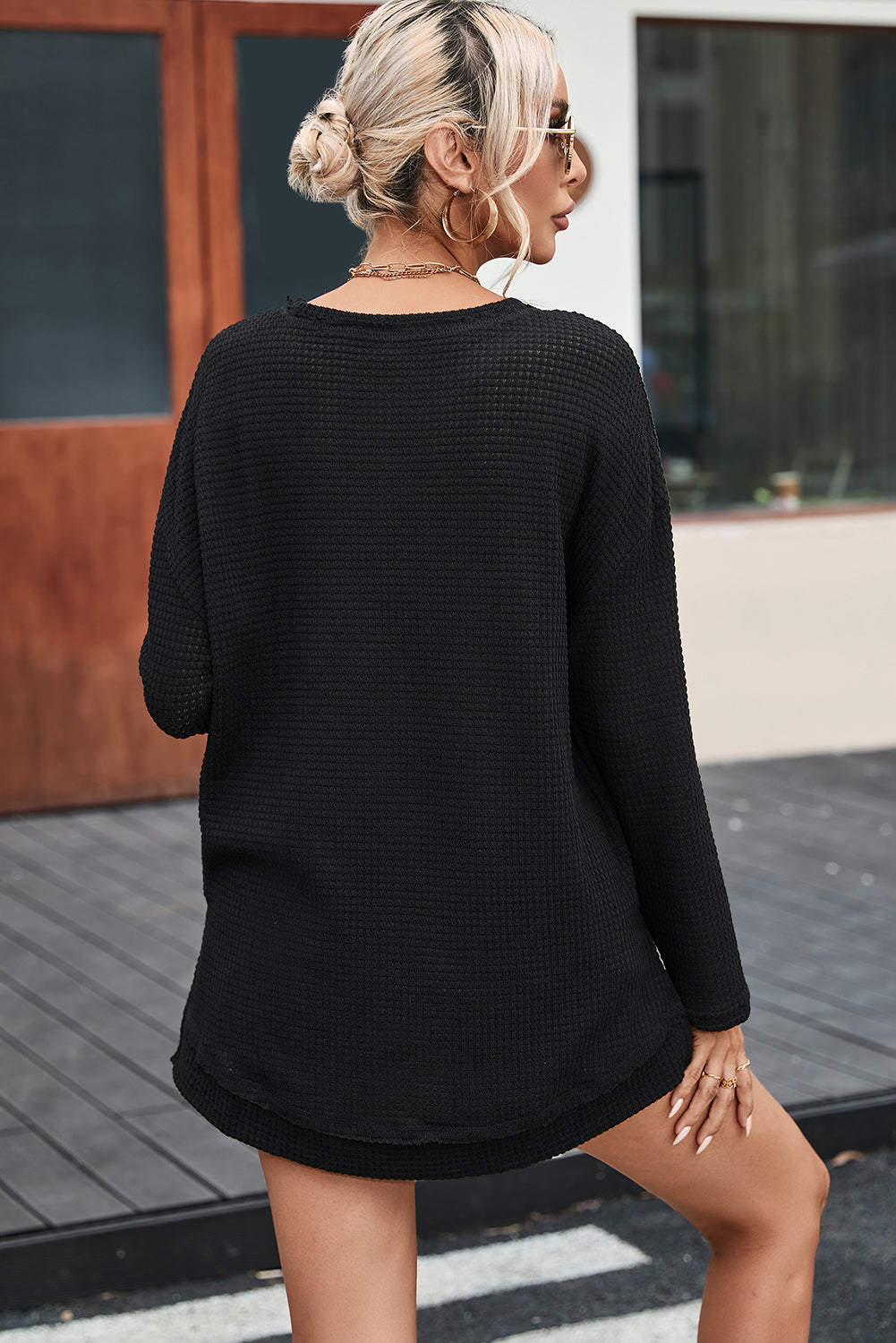 Gray Waffle Knit High Slits Oversized Top