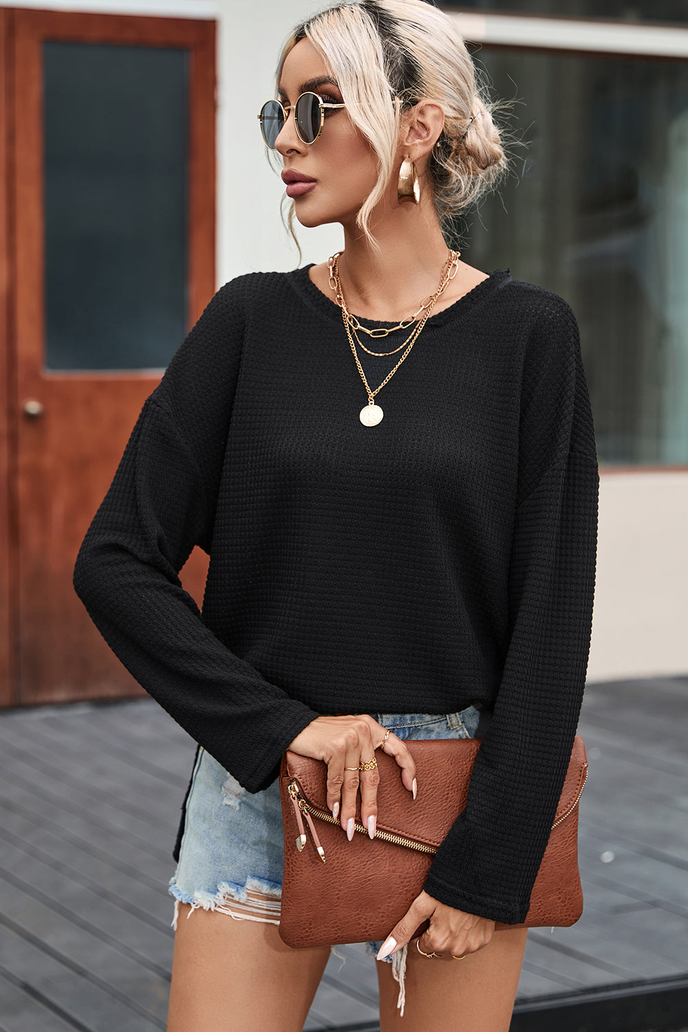Gray Waffle Knit High Slits Oversized Top