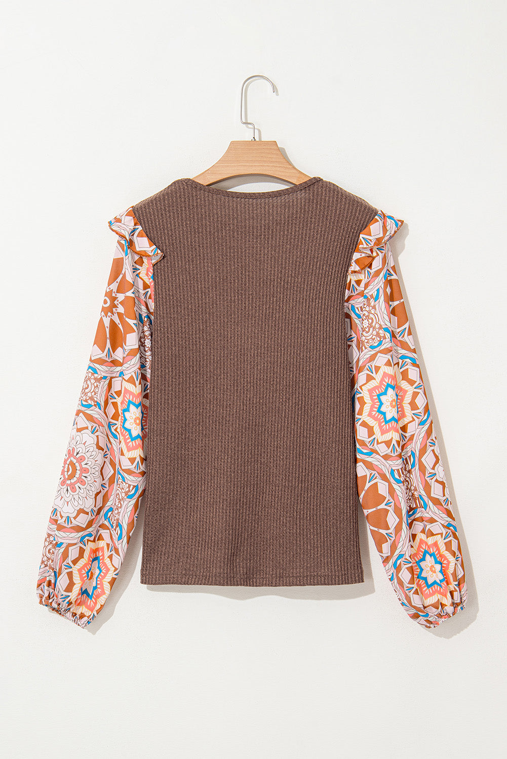 Ashleigh Blue Ruffled Floral Sleeve Patchwork Waffle Knit O Neck Blouse
