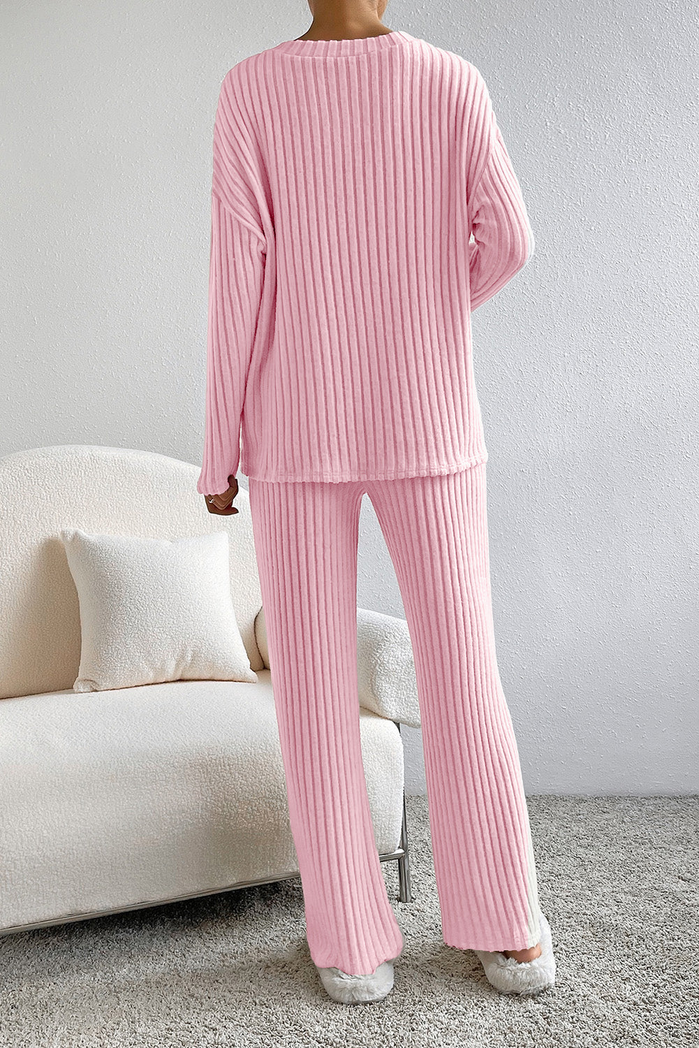 Light Grey Ribbed Knit V Neck Slouchy Two-piece Outfit