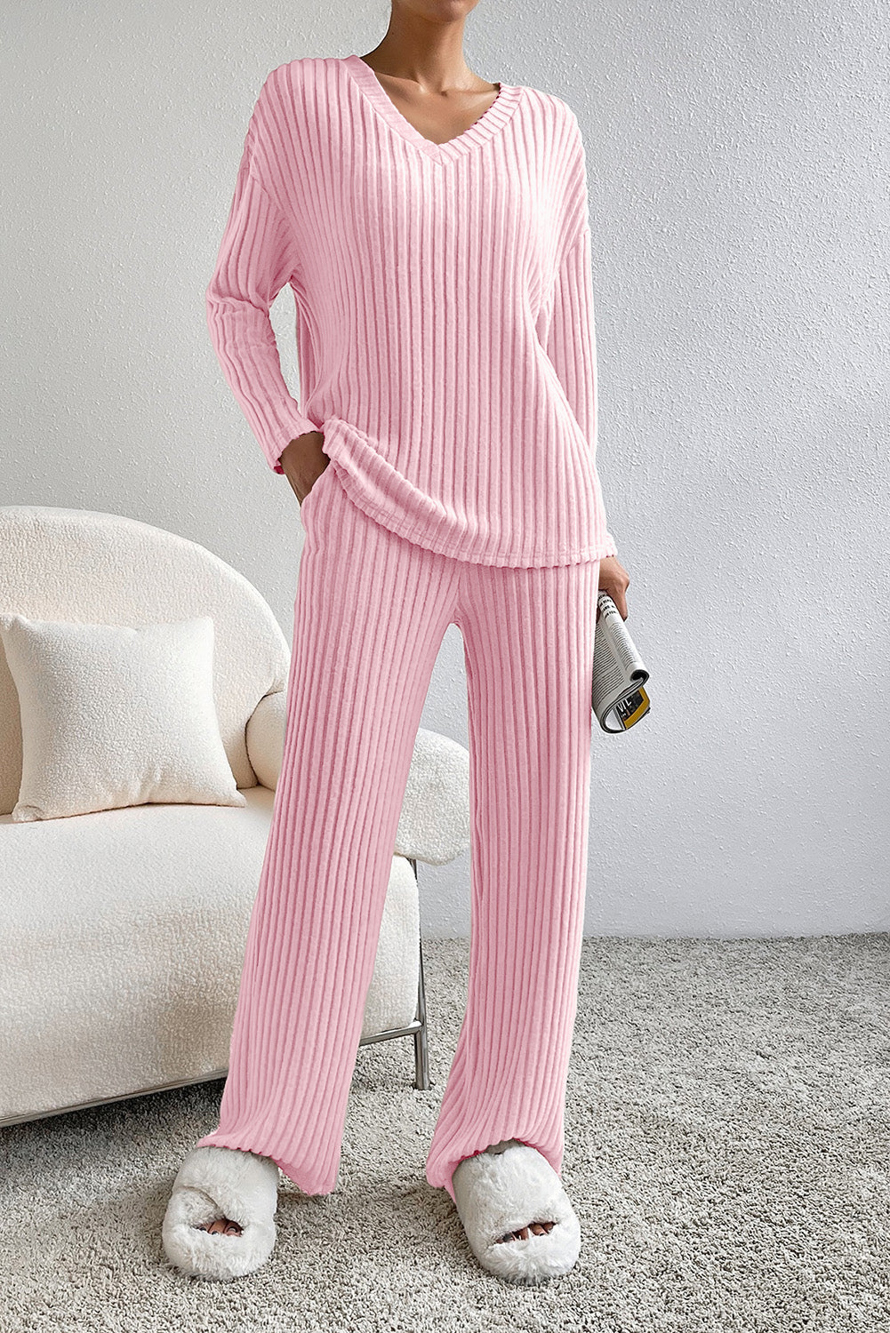 Light Grey Ribbed Knit V Neck Slouchy Two-piece Outfit