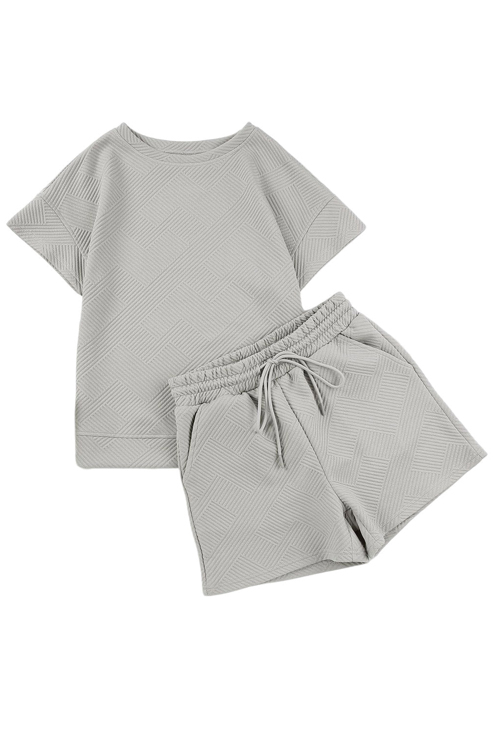 Black 2pcs Solid Textured Drawstring Shorts Set
