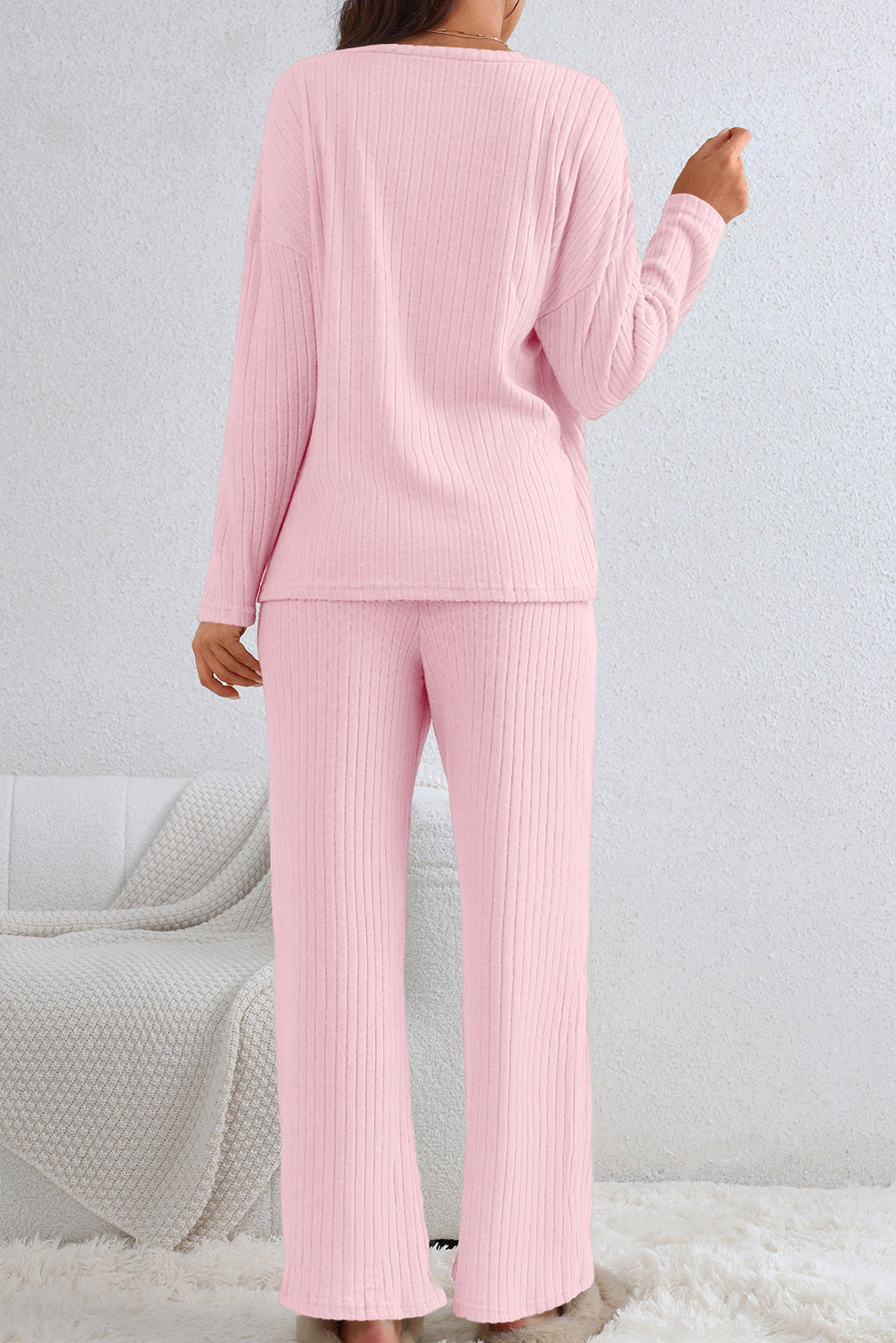 Light Grey Ribbed Knit V Neck Slouchy Two-piece Outfit