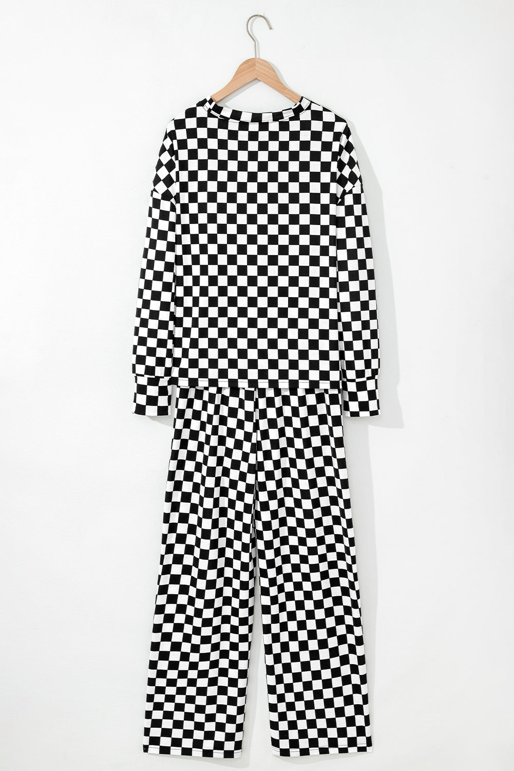 Beige Checkered Print Long Sleeve Top and Pants Lounge Set