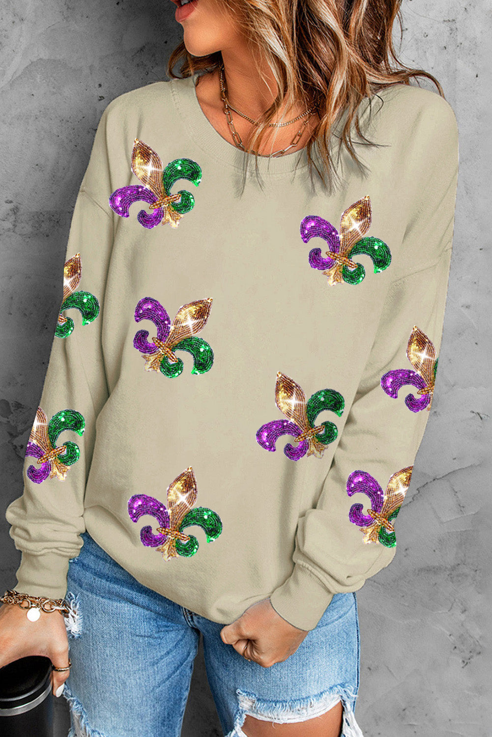 Black Sequin Mardi Gras Graphic Pullover Sweatshirt