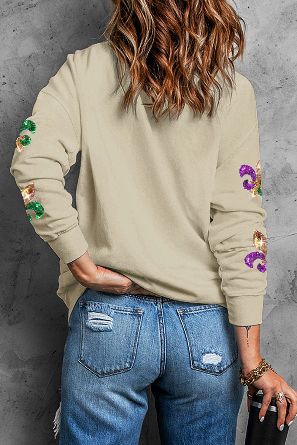 Black Sequin Mardi Gras Graphic Pullover Sweatshirt