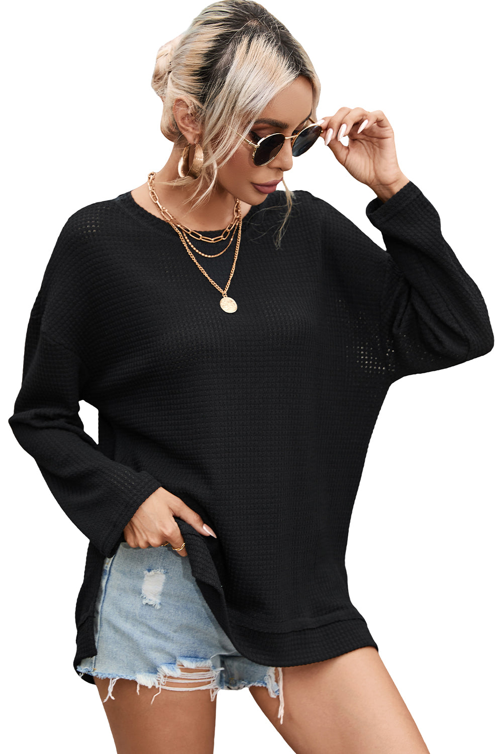 Gray Waffle Knit High Slits Oversized Top