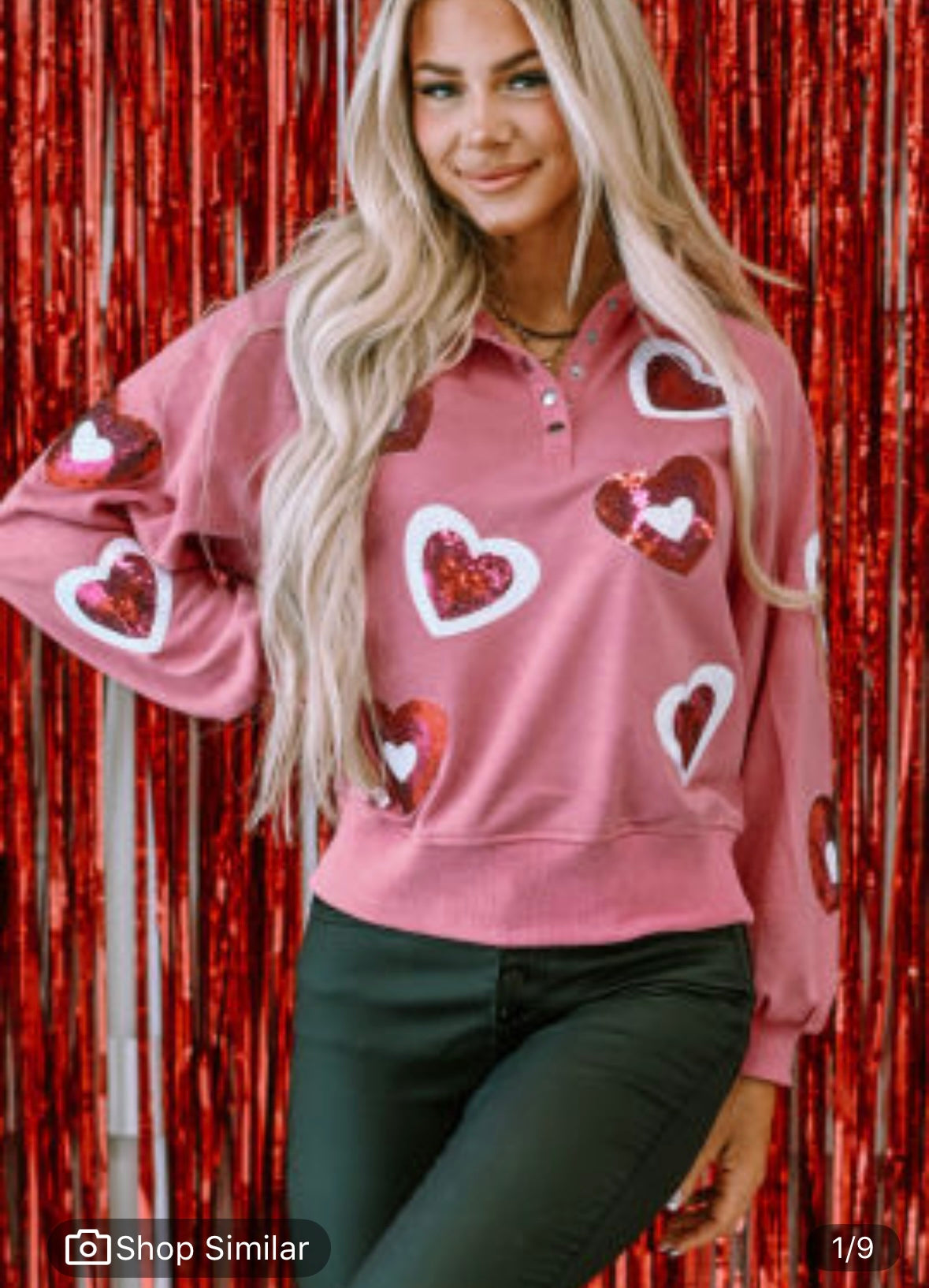 Pink mineral wash sequin heart collared sweater
