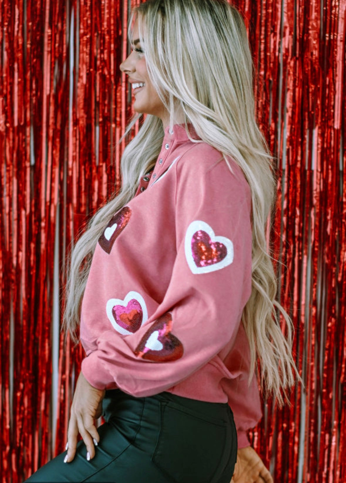 Pink mineral wash sequin heart collared sweater