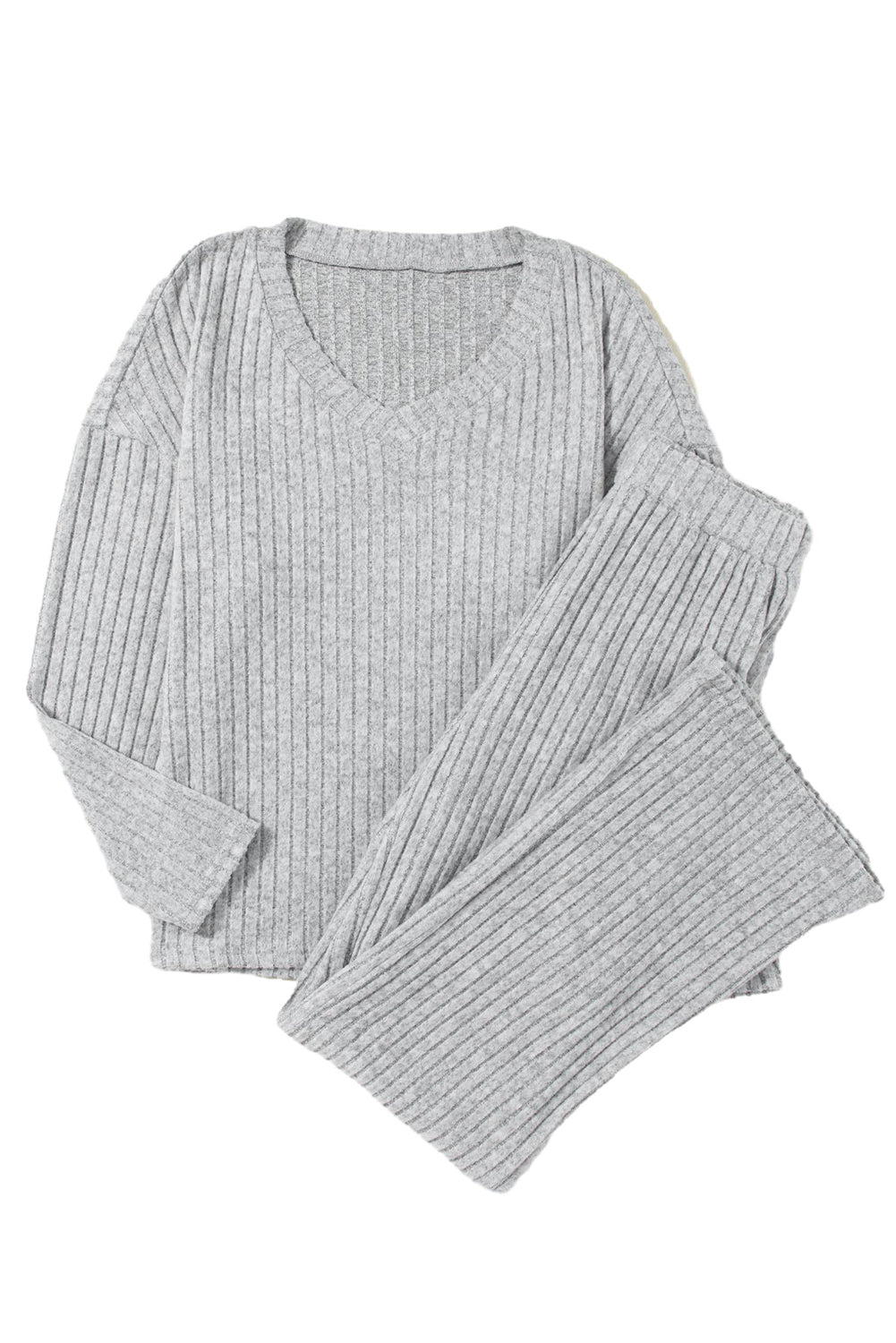 Light Grey Ribbed Knit V Neck Slouchy Two-piece Outfit