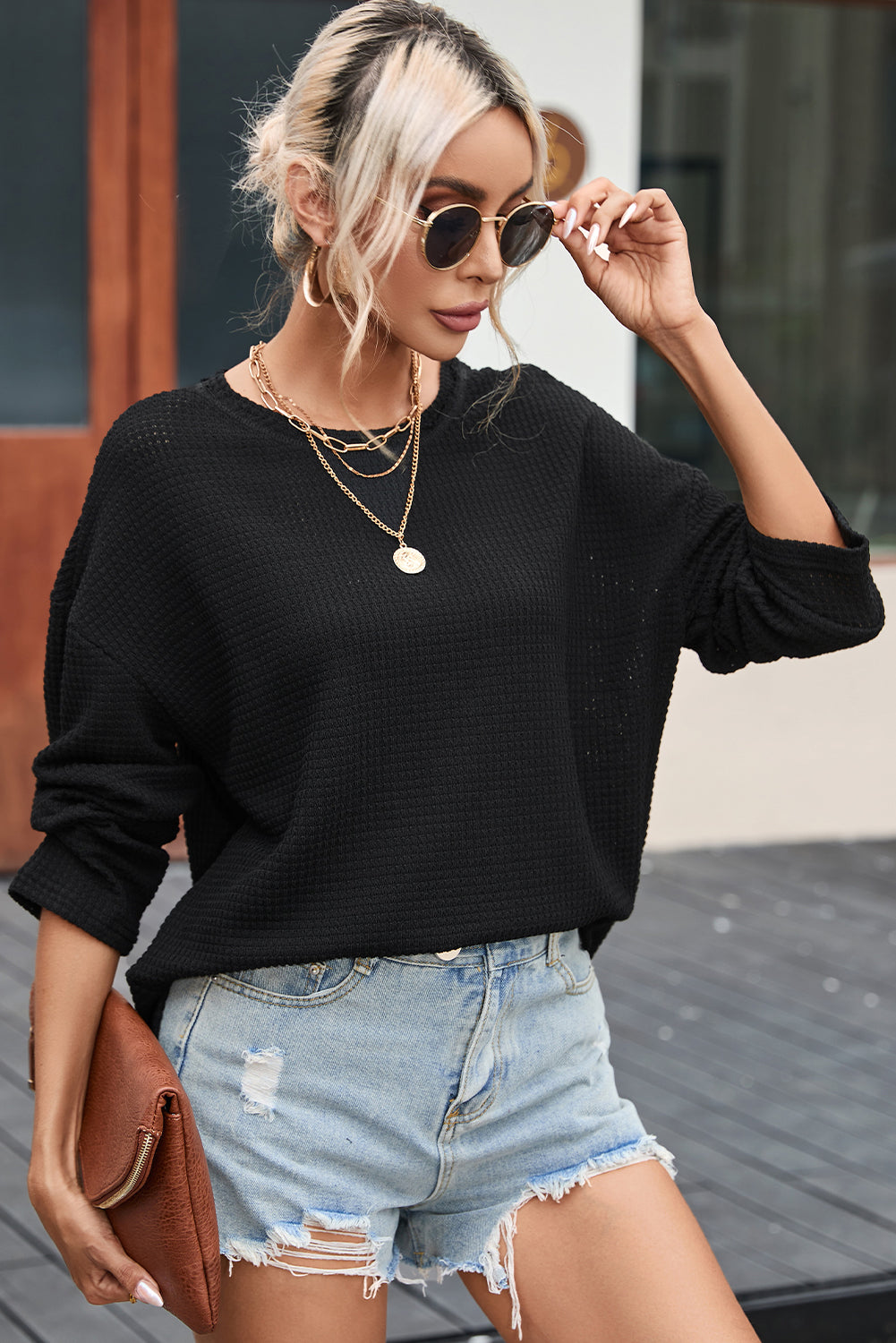 Gray Waffle Knit High Slits Oversized Top