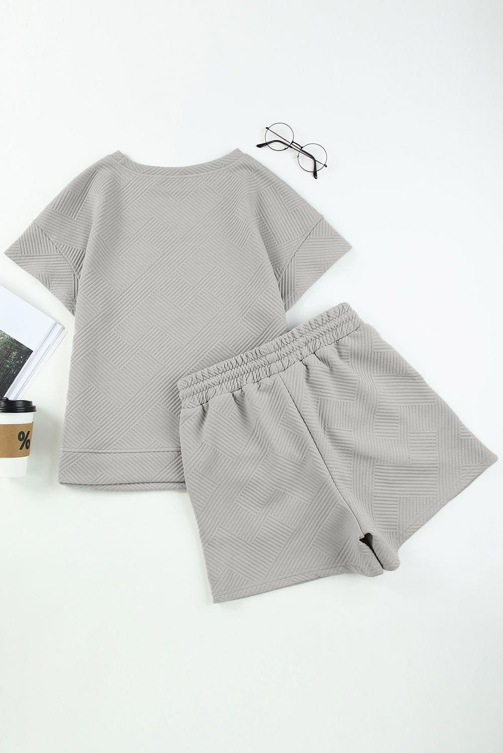 Black 2pcs Solid Textured Drawstring Shorts Set