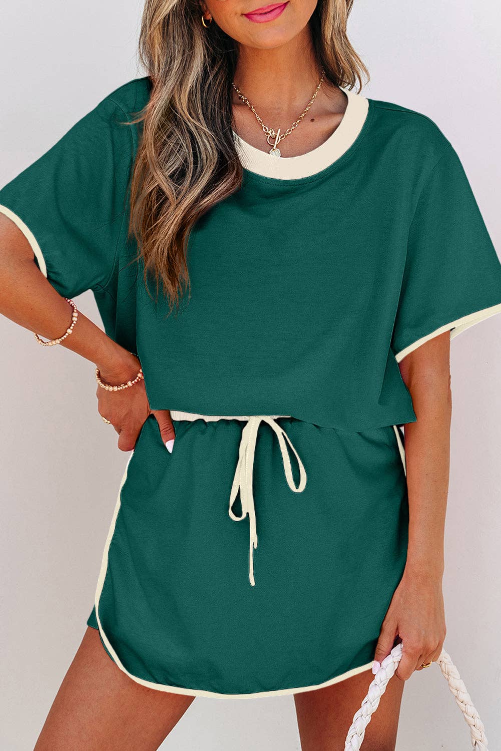 Colorblock Short Sleeve T-Shirt and Skort Set: Turquoise / M