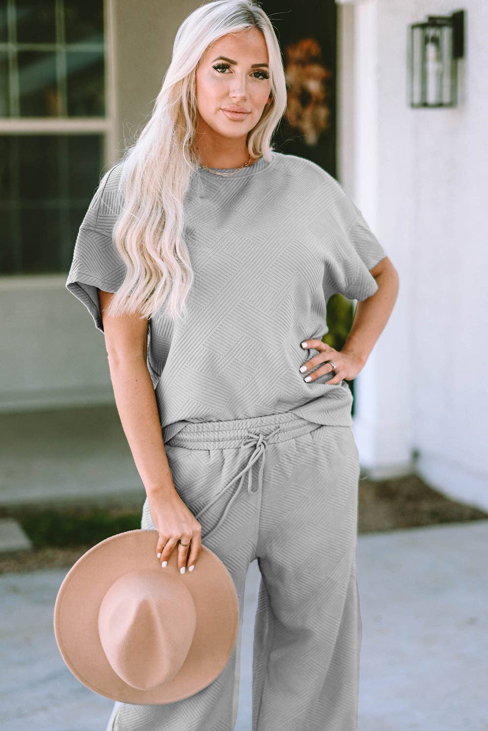 Solid Textured T-Shirt and Drawstring Pants Set: Brown / XL