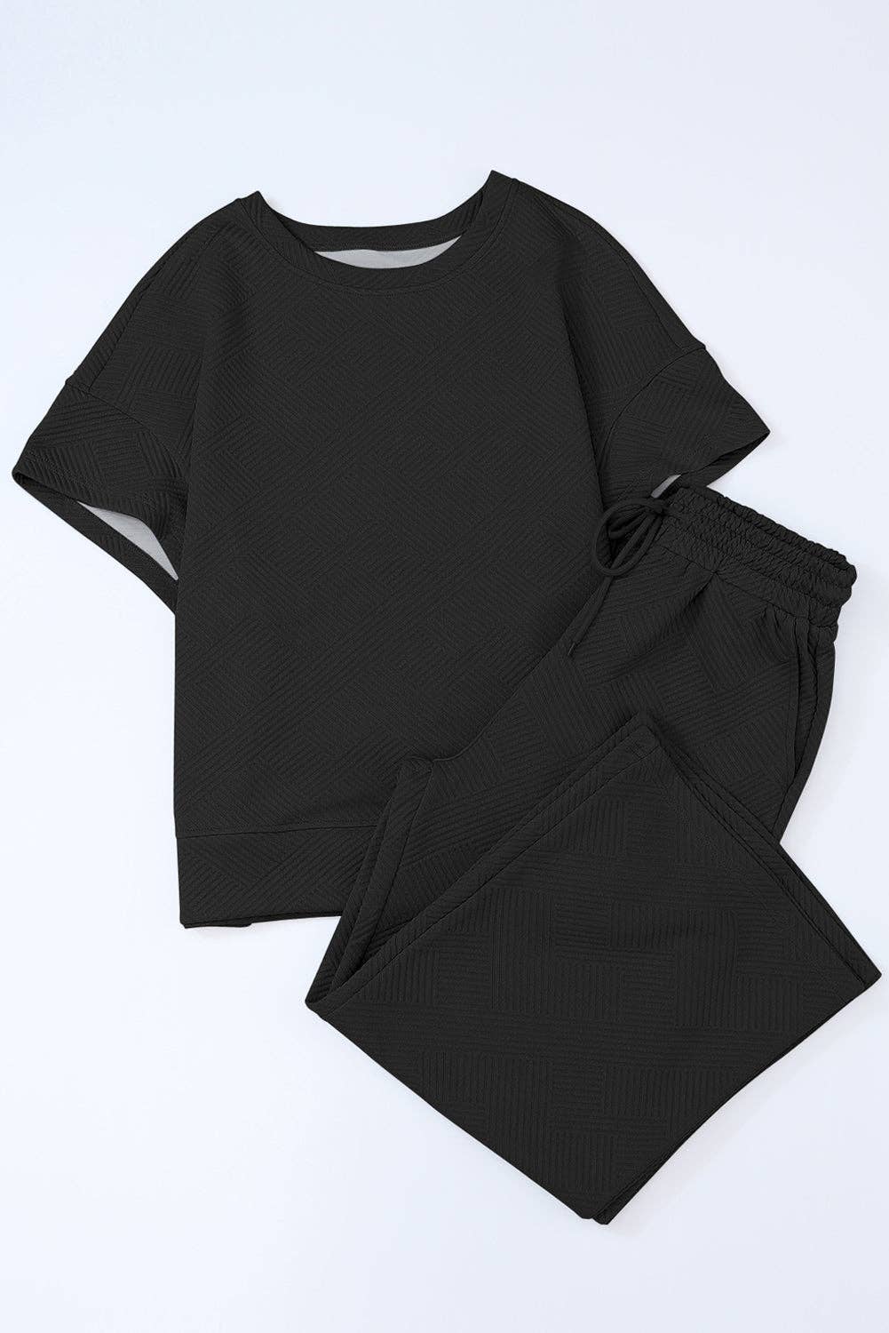 Solid Textured T-Shirt and Drawstring Pants Set: Brown / XL
