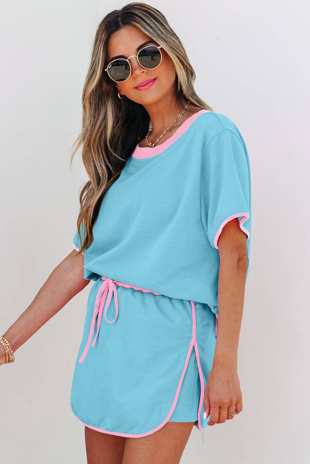 Colorblock Short Sleeve T-Shirt and Skort Set: Turquoise / M
