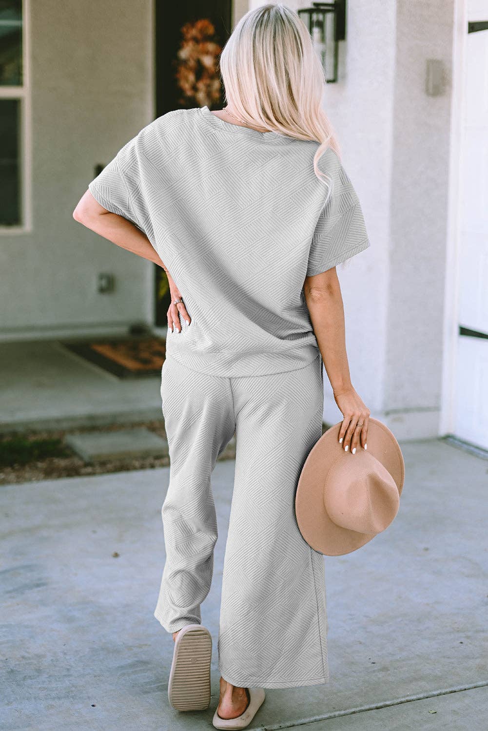 Solid Textured T-Shirt and Drawstring Pants Set: Brown / XL
