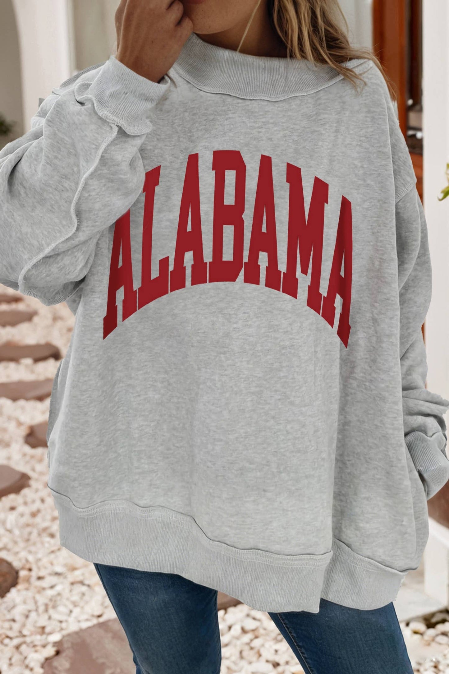 LDC Reversible Printed Ribbed Patchwork Mock Neck Sweatshirt: Light Grey / L