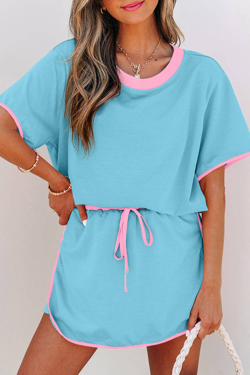 Colorblock Short Sleeve T-Shirt and Skort Set: Turquoise / M