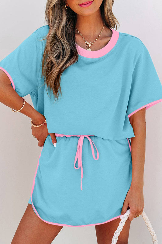 Colorblock Short Sleeve T-Shirt and Skort Set: Turquoise / M