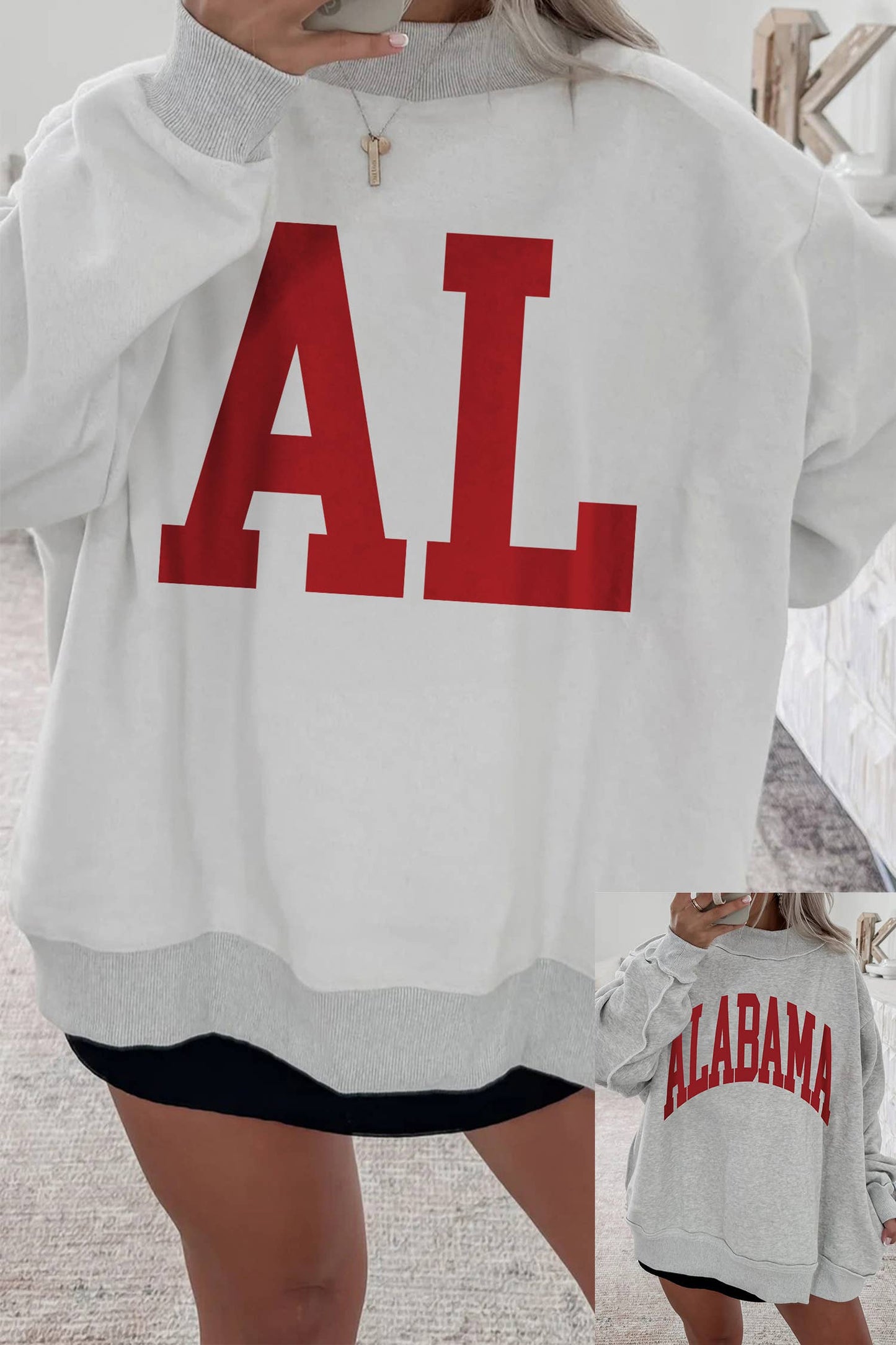 LDC Reversible Printed Ribbed Patchwork Mock Neck Sweatshirt: Light Grey / L