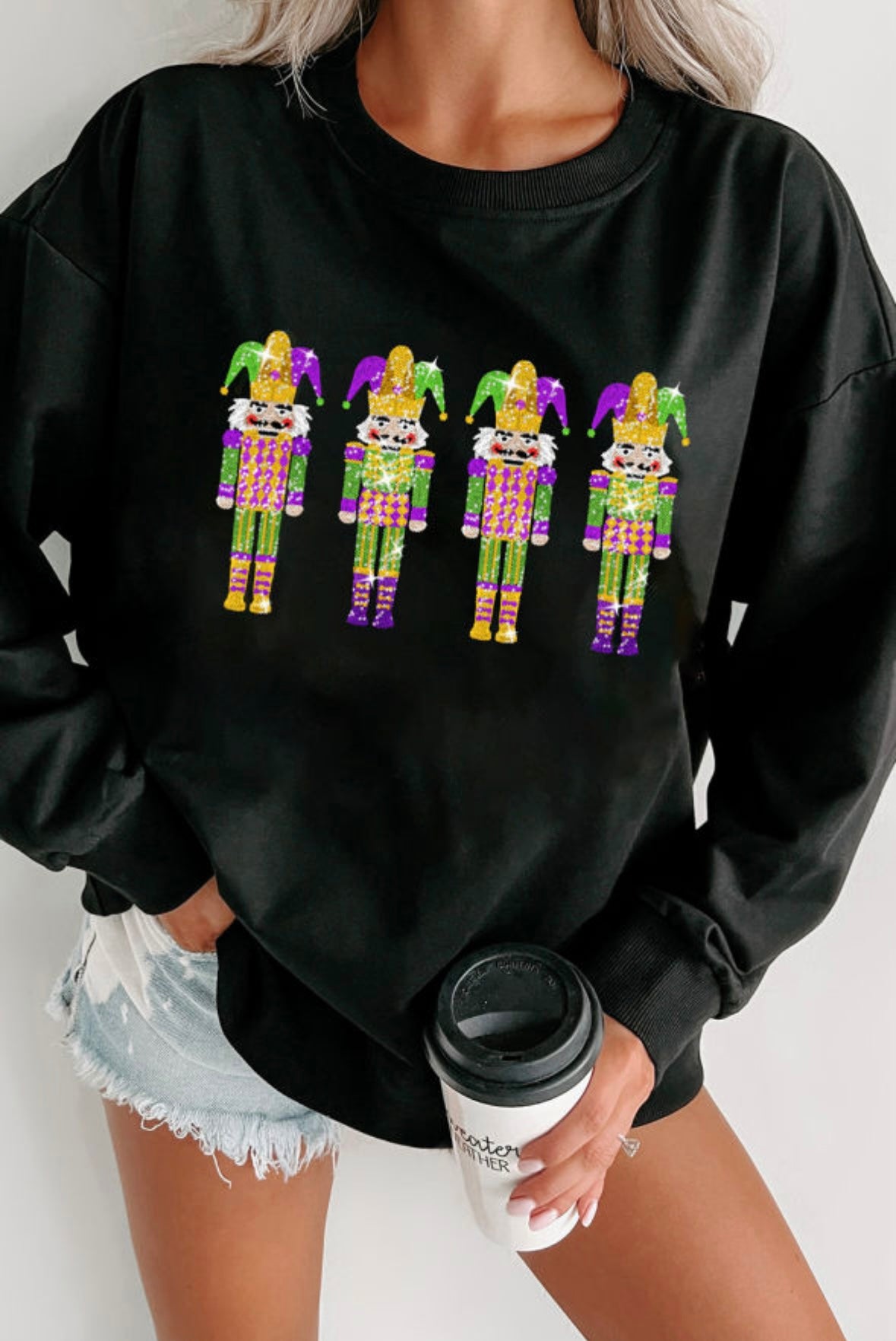 Black glitter mardi gras nutcracker patch sweatshirt