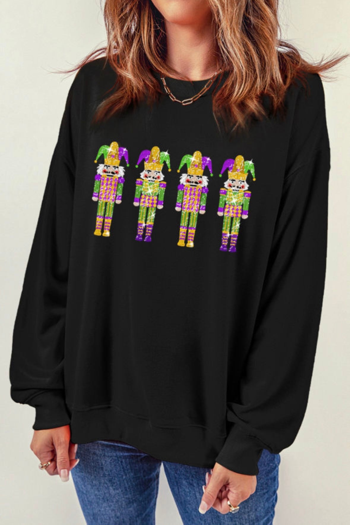 Black glitter mardi gras nutcracker patch sweatshirt