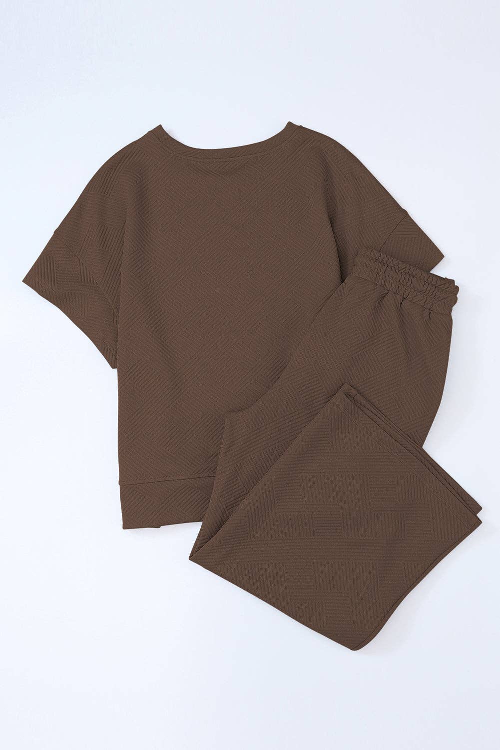 Solid Textured T-Shirt and Drawstring Pants Set: Brown / XL