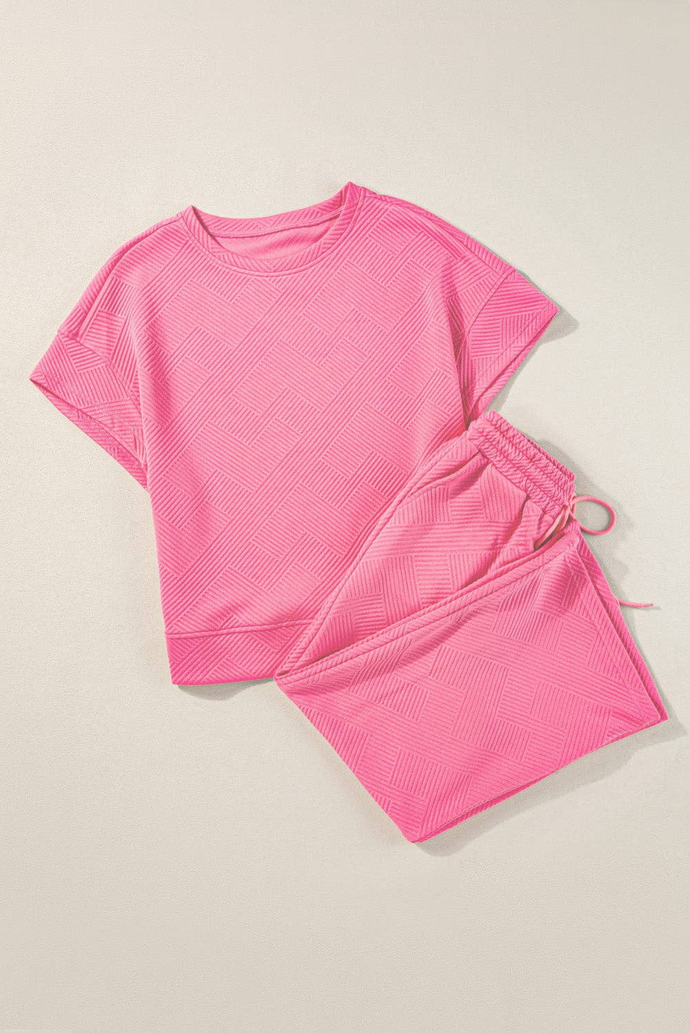Solid Textured T-Shirt and Drawstring Pants Set: Strawberry Pink / S