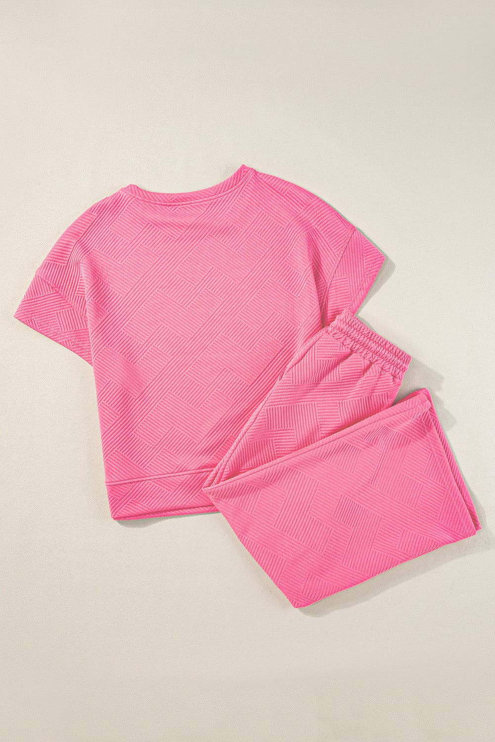 Solid Textured T-Shirt and Drawstring Pants Set: Strawberry Pink / S